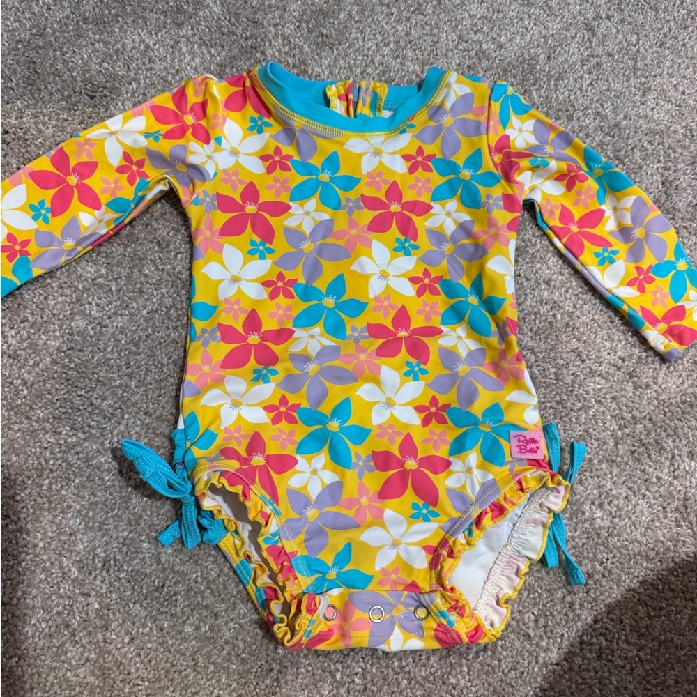 Ruffle Butts Floral Kids Swim Rashguard - Yellow, Blue, Pink
